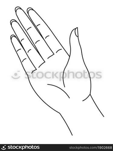 Hand with fingers and nails showing palm, isolated icon. Arm of adult person. Giving or taking, sign or gesture, communication via nonverbal language and poses. Line art, vector in flat style. Palm drawn in line art style, hand with fingers