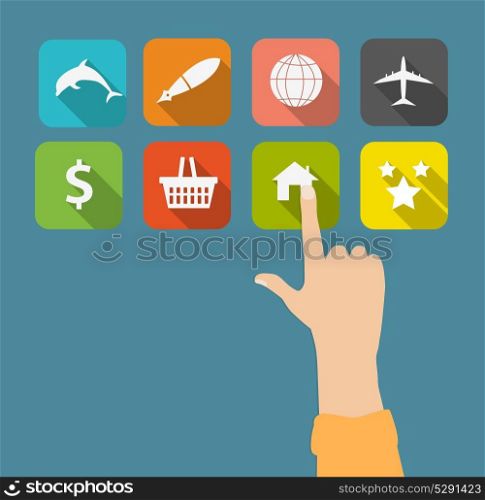 Hand with flat icons vector illustration. EPS10. Hand with flat icons vector illustration