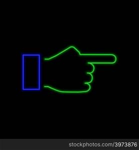 Hand with forefinger pointing forward neon sign. Bright glowing symbol on a black background. Neon style icon.