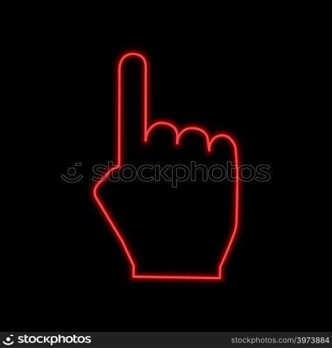 Hand with forefinger pointing up neon sign. Bright glowing symbol on a black background. Neon style icon.