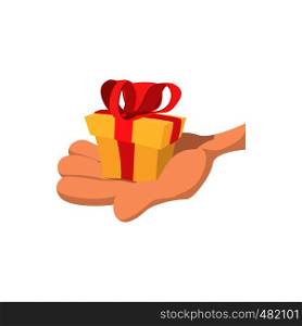 Hand with gift cartoon icon. Concept of getting bonus, presents, giving to charity . Hand with gift cartoon icon