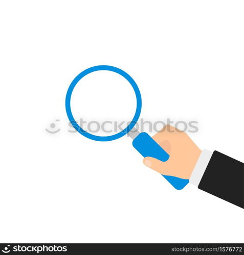 Hand with glasses magnifier in flat style. Search business concept. Cartoon vector illustration