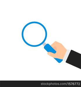 Hand with glasses magnifier in flat style. Search business concept. Cartoon vector illustration