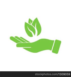 Hand with green leaves. Symbol of environmental protection. Environmentally friendly product. Vector EPS 10