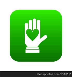 Hand with heart icon digital green for any design isolated on white vector illustration. Hand with heart icon digital green