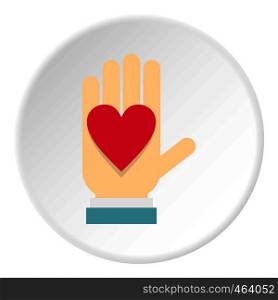 Hand with heart icon in flat circle isolated vector illustration for web. Hand with heart icon circle