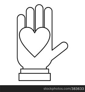 Hand with heart icon. Outline illustration of hand with heart vector icon for web design. Hand with heart icon, outline style
