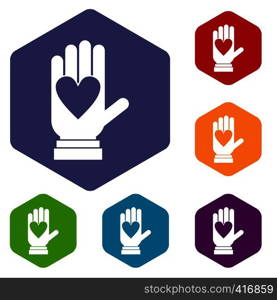Hand with heart icons set rhombus in different colors isolated on white background. Hand with heart icons set