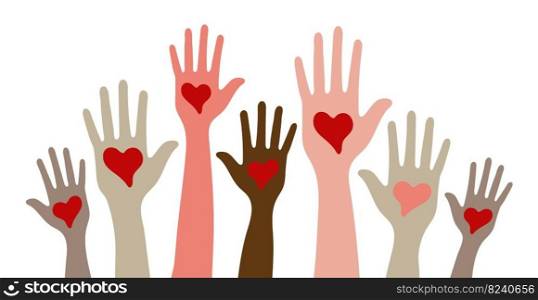 Hand with heart vector. Help, donations concept illustration. A person gives support, a heart. Symbol of volunteers and volunteering. Life, donor sign.. Hand with heart vector. Help, donations concept illustration. A person gives support, a heart.