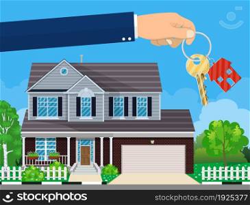 hand with house key and cottage on the background. Real estate concept. vector illustration in flat style. hand with house key and cottage