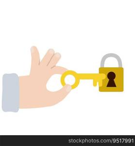 Hand with key. Palm holding or giving a yellow object. Modern trendy flat cartoon illustration isolated on white. Closed lock and keyhole. Metaphor of Hint and unlock.. Hand with key. Palm holding or giving