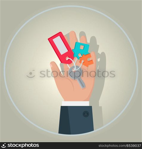 Hand with Key Vector Illustration in Flat Design.. Hand with key vector icon in flat style design. Key from house with tag in man hand. Buying new living. Illustration for real estate company advertising, housing concepts.