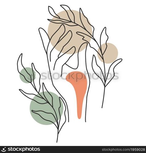 Hand with leaves on twigs line art, vector illustration. Human hand outline with botanical elements. Silhouette and color accent spots highlighters, contemporary art.. Hand with leaves on twigs line art, vector illustration.
