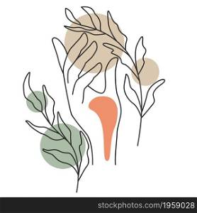 Hand with leaves on twigs line art, vector illustration. Human hand outline with botanical elements. Silhouette and color accent spots highlighters, contemporary art.. Hand with leaves on twigs line art, vector illustration.