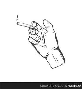 Hand with lighted cigar in hands isolated smoking area sign. Vector place to smoke symbol. Smoking area sign isolated hand with cigarette