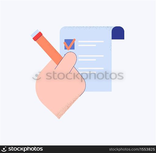 Hand with list in questionnaire. Right choosing answer in social statistical referendum stylish black pen for ticking vector right sentence of business presentation.. Hand with list in questionnaire. Right choosing answer in social statistical referendum.