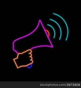Hand with loudspeaker neon sign. Bright glowing symbol on a black background. Neon style icon.