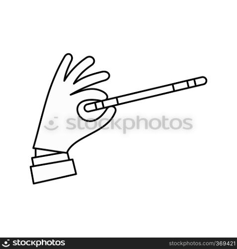 Hand with magic wand icon in outline style isolated on white background. Tricks symbol vector illustration. Hand with magic wand icon, outline style