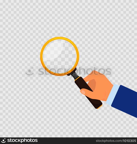 hand with magnifier on transparent background in flat style. hand with magnifier on transparent background in flat