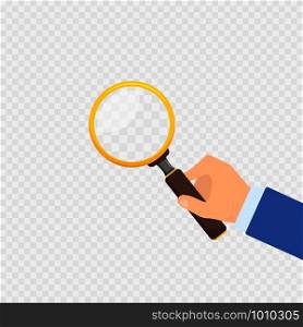 hand with magnifier on transparent background in flat style. hand with magnifier on transparent background in flat