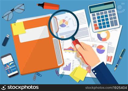 Hand with magnifying glass, analysis of financial report. Financial audit concept. Auditing tax process. vector illustration in flat design.. Business document concept