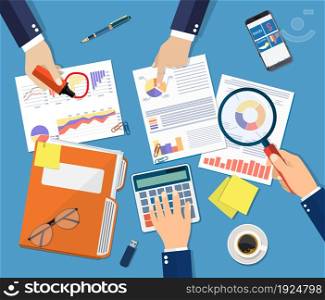 Hand with magnifying glass and calculator, analysis of financial report. Financial audit concept. Calculation. Auditing tax process. Business background. Vector illustration in flat design. Hand with magnifying glass and calculator,