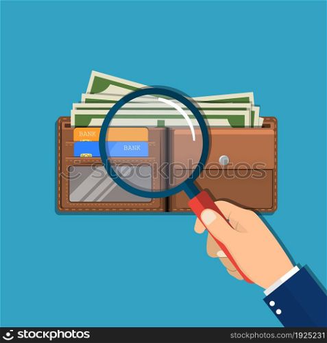 Hand with magnifying glass and leather wallet with dollar cash, coins, bank cards. Check the financial stability. Vector illustration in flat style. Hand with magnifying glass
