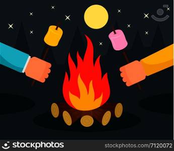 Hand with marshmallow at camp fire background. Flat illustration of hand with marshmallow at camp fire vector background for web design. Hand with marshmallow at camp fire background, flat style
