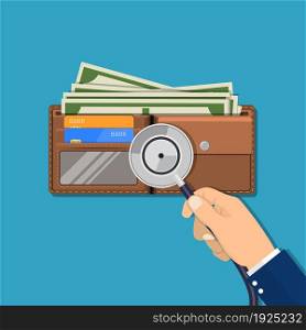 Hand with medial stethoscope and leather wallet with dollar cash, coins, bank cards. Check the financial stability. Vector illustration in flat style. Hand with medial stethoscope