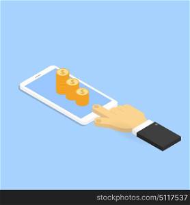 Hand with mobile phone and money. . Hand with mobile phone and money. Vector illustration .