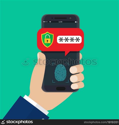 Hand with mobile phone unlocked with fingerprint button and password notification. Vector illustration in flat style. Hand with mobile phone unlocked