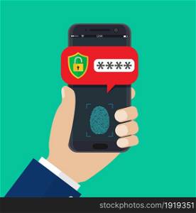 Hand with mobile phone unlocked with fingerprint button and password notification. Vector illustration in flat style. Hand with mobile phone unlocked