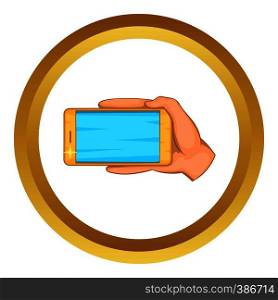Hand with mobile phone vector icon in golden circle, cartoon style isolated on white background. Hand with mobile phone vector icon