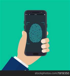 Hand with mobile phone with fingerprint button. Vector illustration in flat style. Hand with mobile phone unlocked