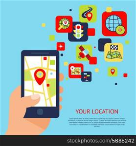 Hand with mobile phone with gps and travel flat icons set navigation concept vector illustration