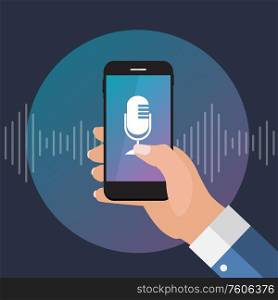 Hand with mobile phone with microphone button and intelligent technologies in flat style. Personal assistant and voice recognition concept. Vector Illustration EPS10. Hand with mobile phone with microphone button and intelligent technologies in flat style. Personal assistant and voice recognition concept. Vector Illustration