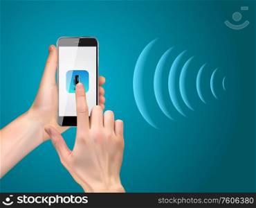 Hand with mobile phone with microphone button and intelligent technologies in flat style. Personal assistant and voice recognition concept. Vector Illustration EPS10. Hand with mobile phone with microphone button and intelligent technologies in flat style. Personal assistant and voice recognition concept. Vector Illustration