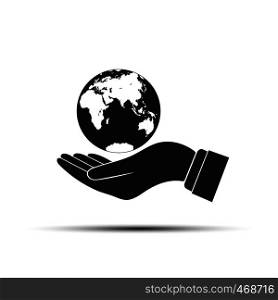 Hand with outstretched palm holds the globe, the globe above the outstretched palm, flat design