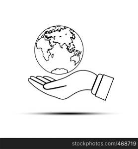 Hand with outstretched palm holds the globe, the globe above the outstretched palm, flat design