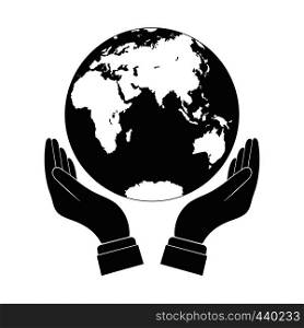 Hand with outstretched palms holds the globe, the globe above the outstretched palms, flat design