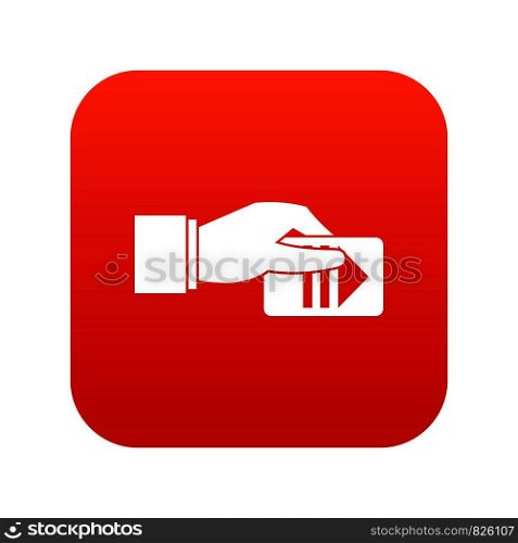 Hand with parking ticket icon digital red for any design isolated on white vector illustration. Hand with parking ticket icon digital red