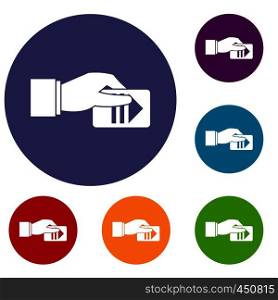 Hand with parking ticket icons set in flat circle reb, blue and green color for web. Hand with parking ticket icons set
