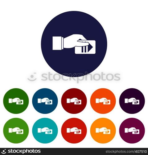 Hand with parking ticket set icons in different colors isolated on white background. Hand with parking ticket set icons