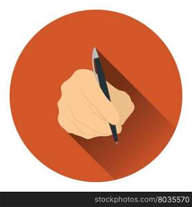 Hand with pen icon. Flat color design. Vector illustration.
