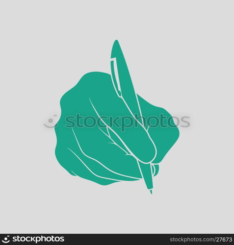 Hand with pen icon. Gray background with green. Vector illustration.