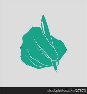 Hand with pen icon. Gray background with green. Vector illustration.