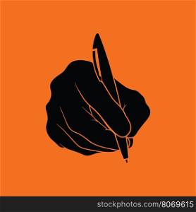 Hand with pen icon. Orange background with black. Vector illustration.