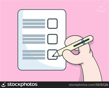 hand with pen writing on check list paper cartoon vector illustration flat design