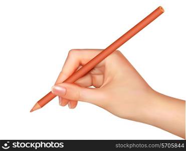 Hand with pen writing on paper. Vector illustration.