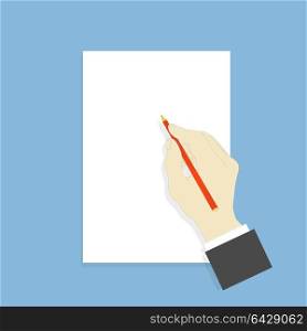 Hand with pencil and white sheet of paper. . Hand with pencil and white sheet of paper. Vector illustration .
